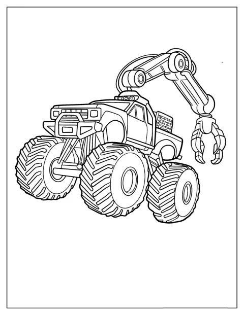 Ein realistischer Monstertruck trägt eine große Baggerklaue.
