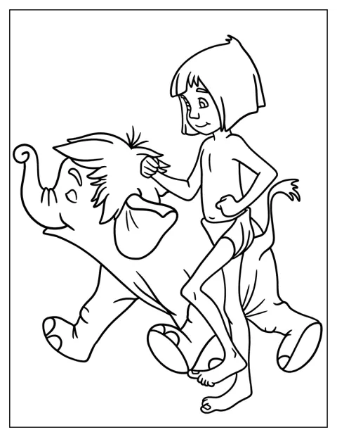 Den unge Mowgli går sammen med Hathi Jr.