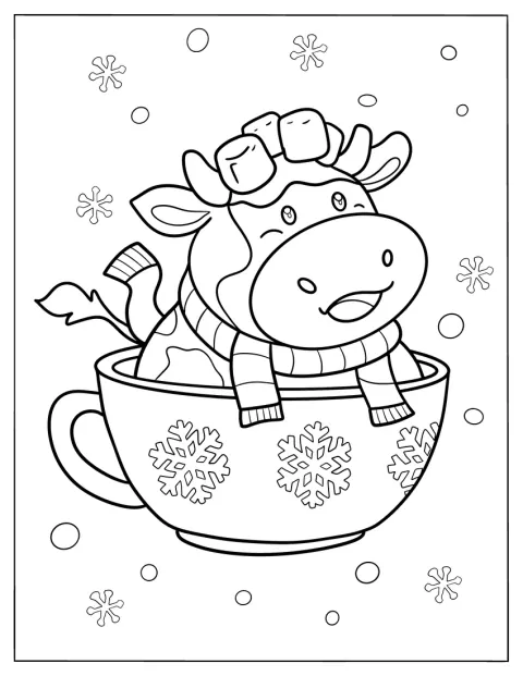 Eine niedliche Kuh sitzt in einer mit Schneeflocken verzierten Teetasse.
