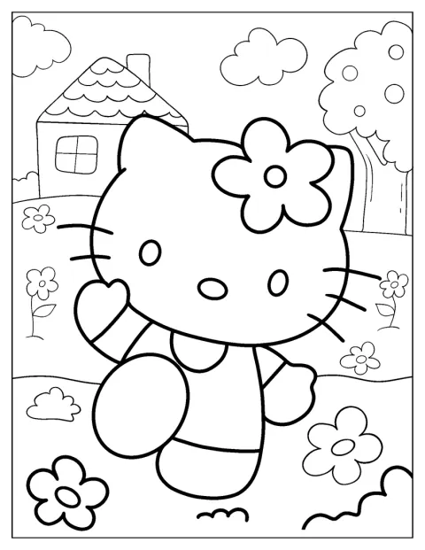 Hello Kitty vinkar glatt med ena handen.