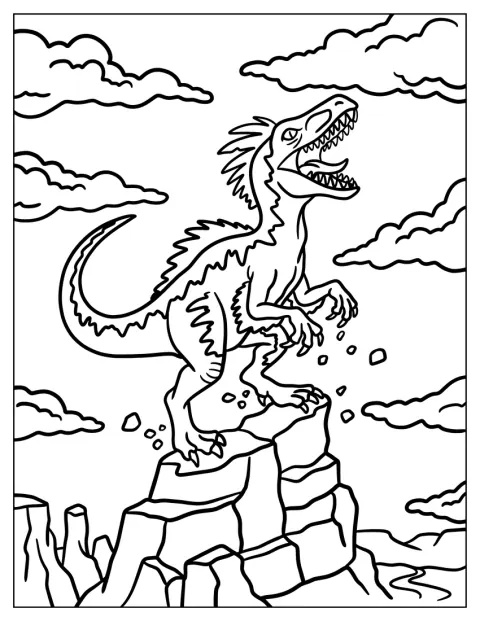 Auf einer felsigen Klippe brüllt ein Velociraptor.
