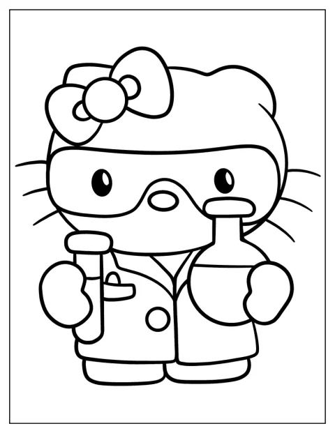 白衣姿のHello Kittyが、実験室でフラスコと試験管を持っています。