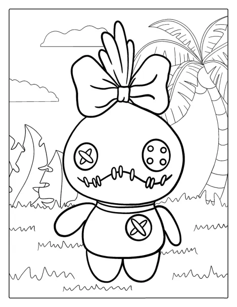 Scrump, a boneca de trapos, aparece sentada.