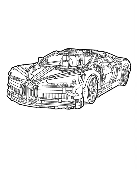 レゴ テクニックのブガッティ・シロンが、精巧なスポーツカーの姿で描かれています。