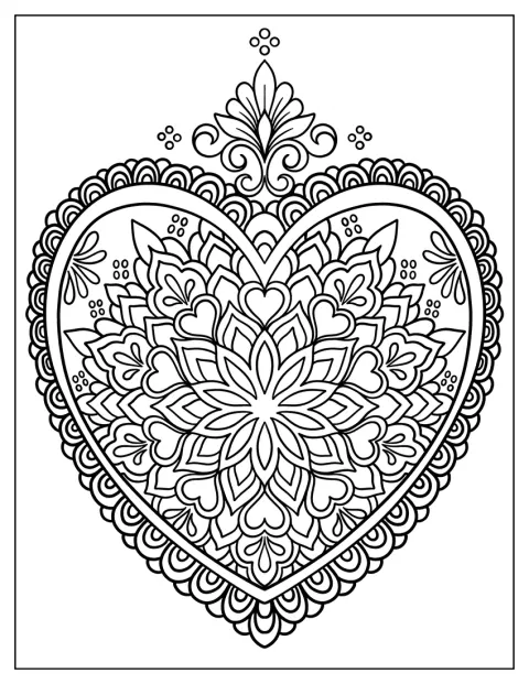 Yksinkertaiset koristekuviot muodostavat sydämenmuotoisen mandalan.