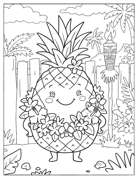 Um ananás usa um colar de flores num jardim tropical.
