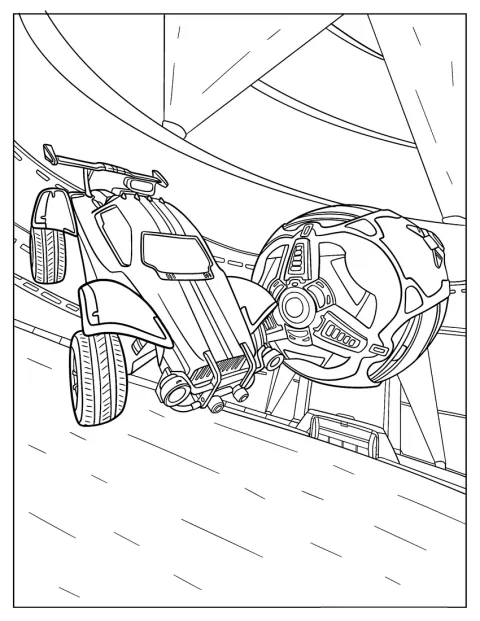Bojové auto z Rocket League letí vzduchem poblíž míče.
