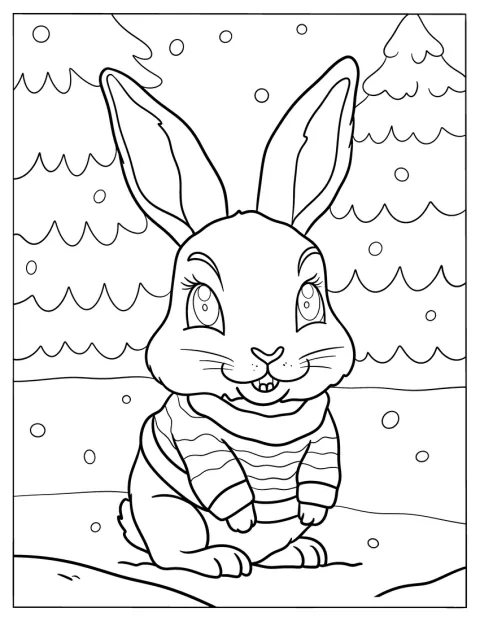 Uśmiechnięty królik bawi się na śniegu.