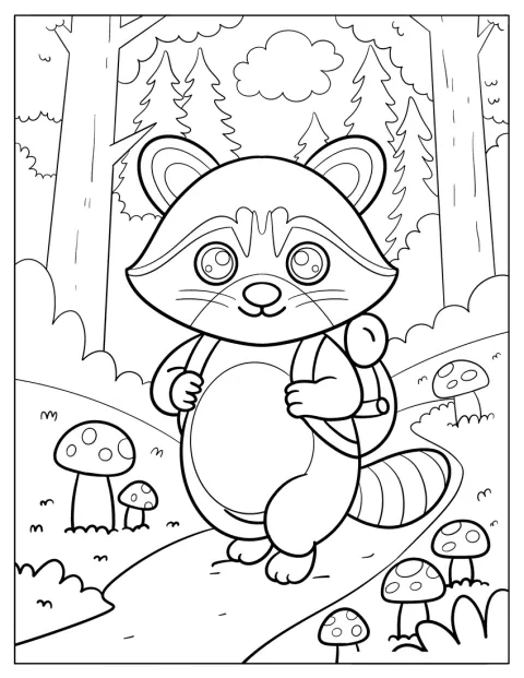 Un mapache aventurero recorre el bosque con una mochila a la espalda.