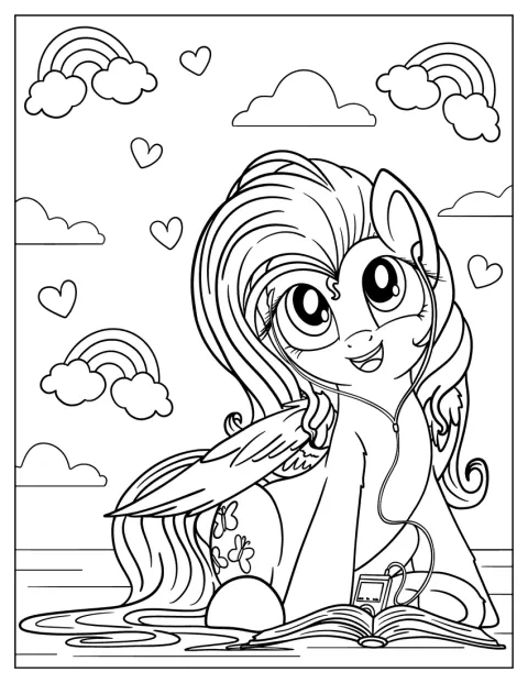 Com auscultadores, Fluttershy ouve música enquanto lê um livro.