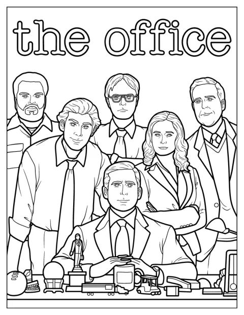 Michael, Pam, Jim, Dwight, Darryl e Andy aparecem num cartaz de The Office.
