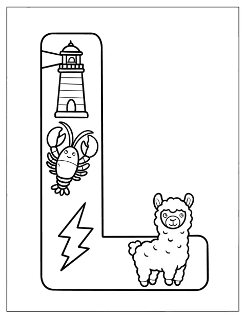 Um farol, um relâmpago, uma ovelha e uma lagosta rodeiam uma letra L grande.
