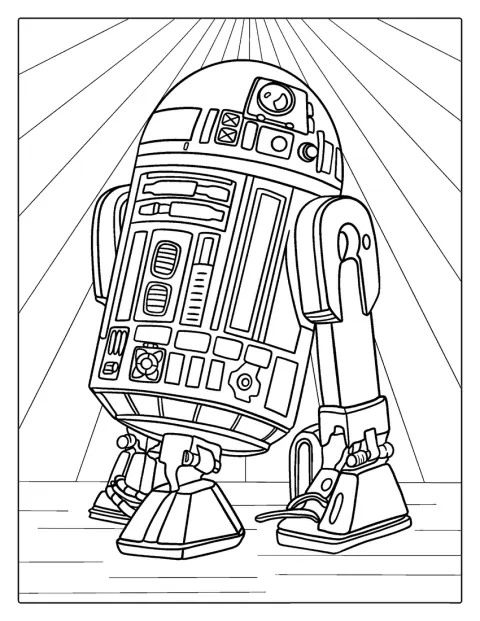 R2-D2 staat rechtop als robot uit Star Wars.