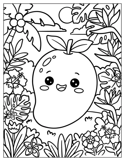 Uma manga de desenho animado sorri entre plantas da selva.