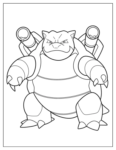Méga-Tortank se tient prêt à l’action dans une illustration épurée.