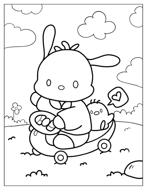 Pochacco e um amigo passeiam de trotinete pela relva.