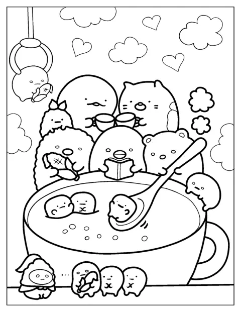 すみっコぐらしの仲間たちが、えびふらいのしっぽと一緒にスープを作っています。