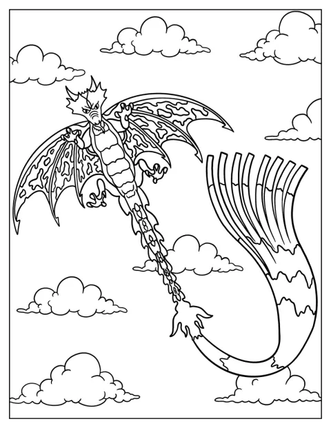 En detaljeret drage med dragehoved og lang hale flyver på himlen.