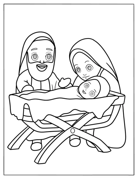 Maria, Josef og Jesusbarnet er tegnet i en sød chibistil.