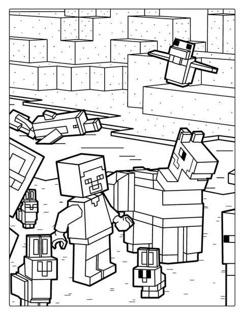 Lego Minecraft -laama ja kaksi kania seisovat vierekkäin.