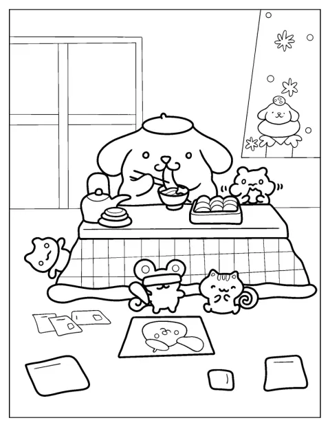 Pompompurin og Muffin spiser nudler sammen.
