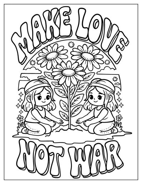 Crianças hippies plantam flores junto à frase «Make Love Not War».