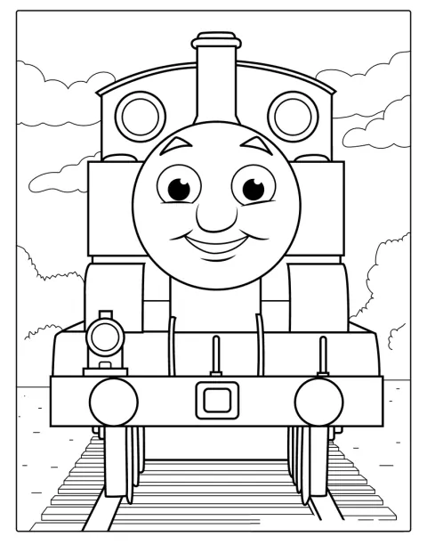 Thomas ses i en enkel omridsstreg på skinnerne.