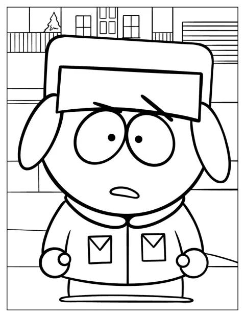 Kyle Broflovski stoi w zielonej czapce i pomarańczowej kurtce.