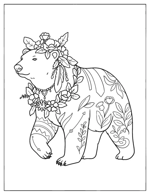 Un elegante oso polar lleva una corona de flores y motivos naturales.