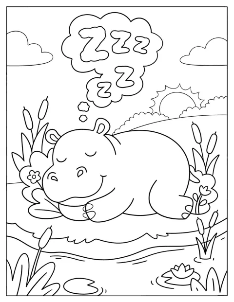 Sleeping Hippo in a Field Coloring Page