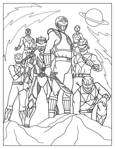 Postavy Mighty Morphin Power Rangers jsou zobrazeny s propracovanými kostýmy.
