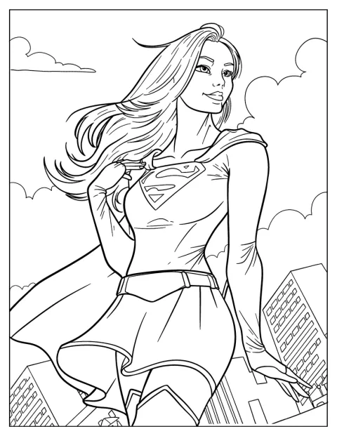 Supergirl flyr gjennom myke skyer i en tegneseriescene.
