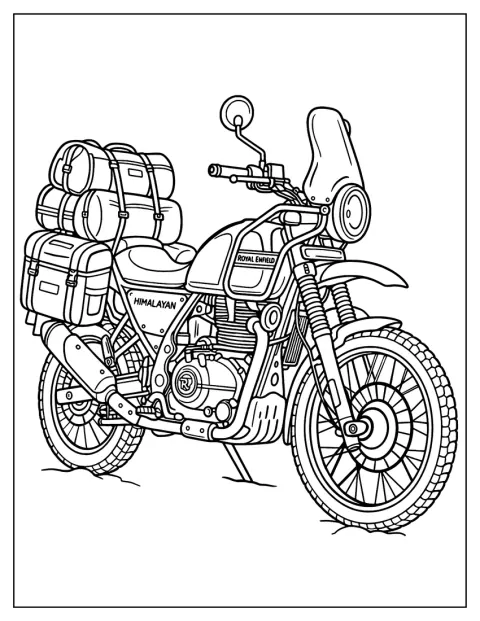 A csomagokkal felszerelt Royal Enfield Himalayan túramotor egy helyben áll.