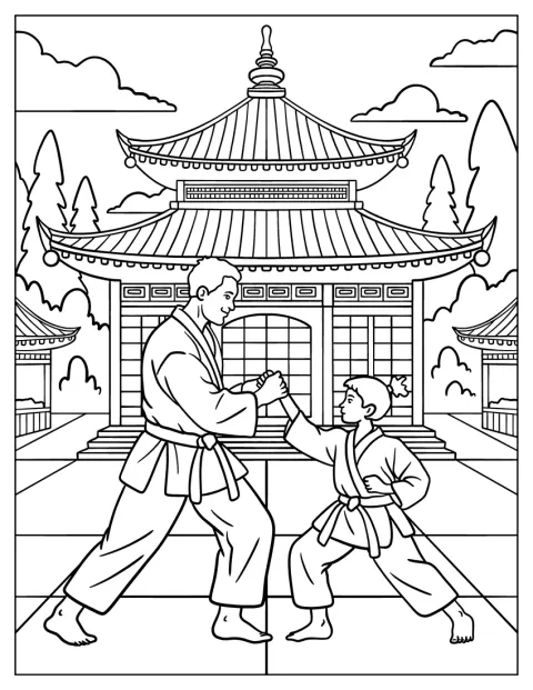 Karate Coloring Page Master Training a Young Student at the Temple Dojo