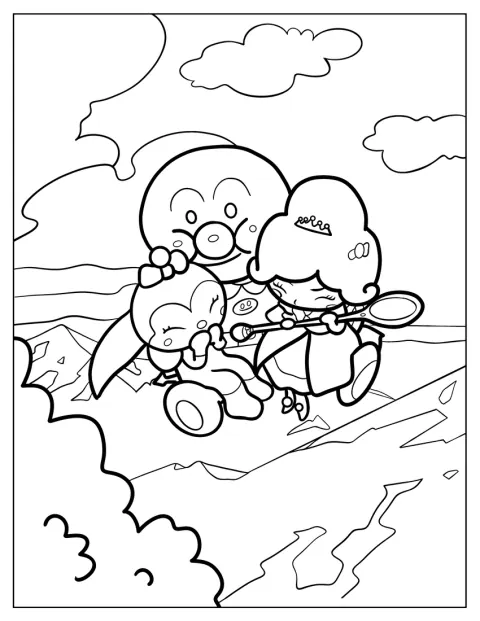 Anpanman posa ao lado da Princesa Vanilla e de Kokinchan.