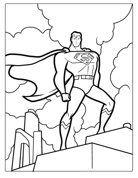 Superman stoi na krawędzi wysokiego budynku i spogląda na miasto.