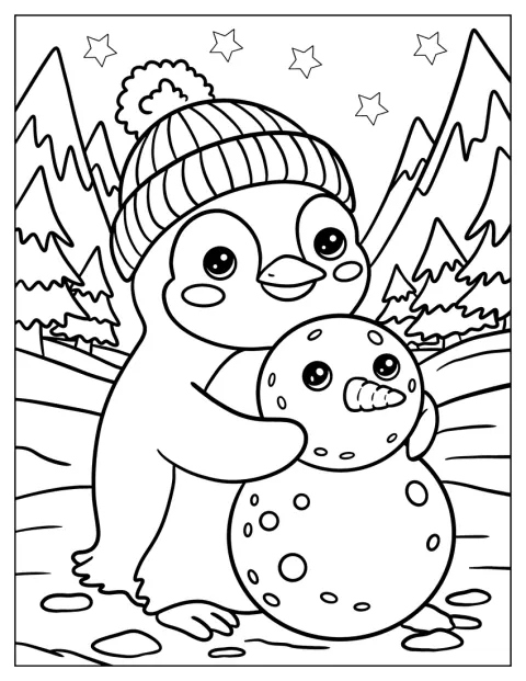 Tučňák objímá sněhuláka v zimní krajině.