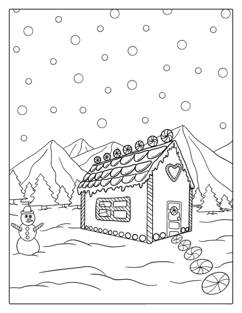 ジンジャーブレッドハウスのそばに、雪だるまが立っています。