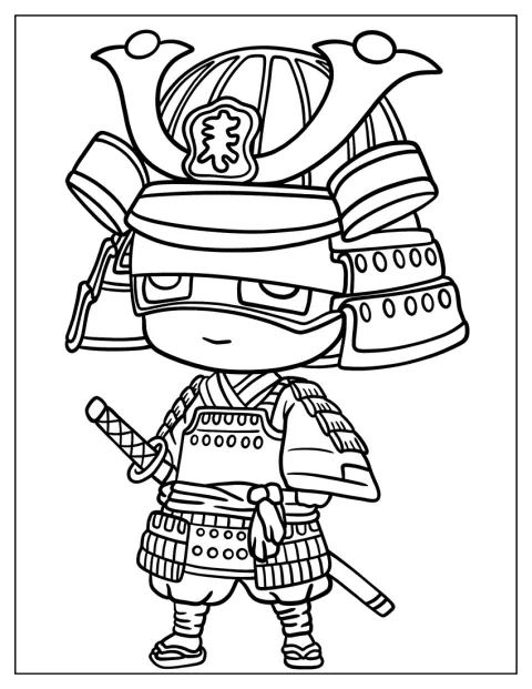 Uroczy samuraj chibi pozuje w stroju wojownika.