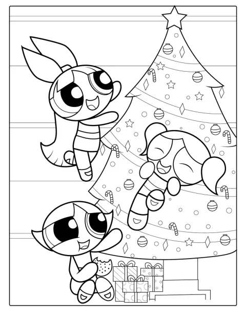 Powerpuffjentene er samlet i en julepyntet scene.