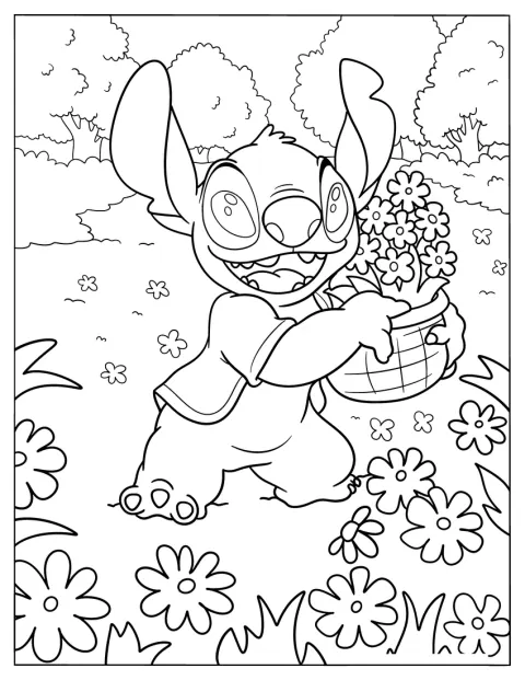 Stitch Carrying A Basket Of Flowers In Spring Coloring Page For Kids