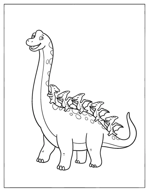 En Brachiosaurus bär flera små dinosaurier på ryggen.