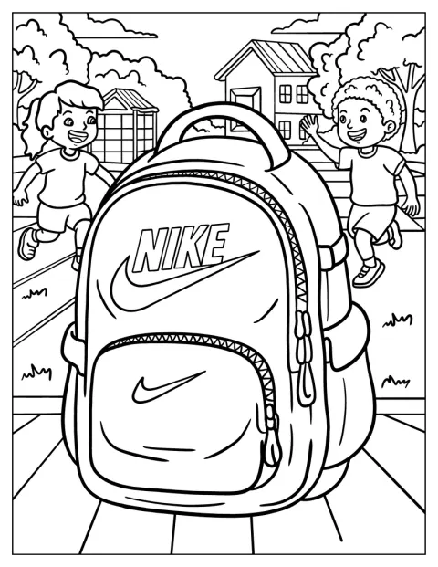 Egy Nike iskolatáska pihen a padon, miközben gyerekek vannak a háttérben.