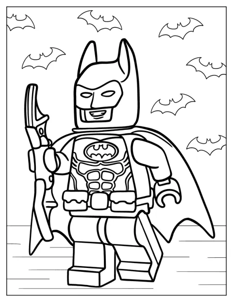 Batman in versione LEGO posa con il suo costume da supereroe.