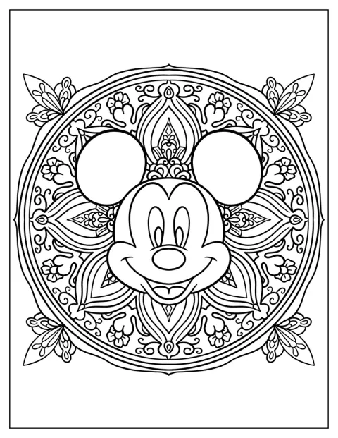 Blüten und Muster umrahmen Micky Maus in einem kunstvollen Mandala.