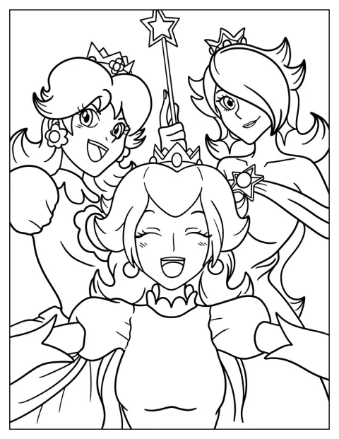 Rosalina, Peach e Daisy posam juntas em estilo anime.