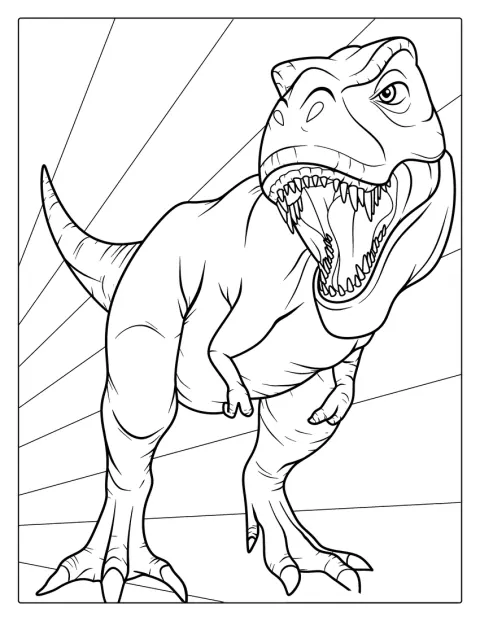 En arg Tyrannosaurus rex ryter med gapande käftar.
