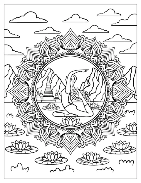Una figura practica la postura de la paloma real en el centro de un mandala floral.