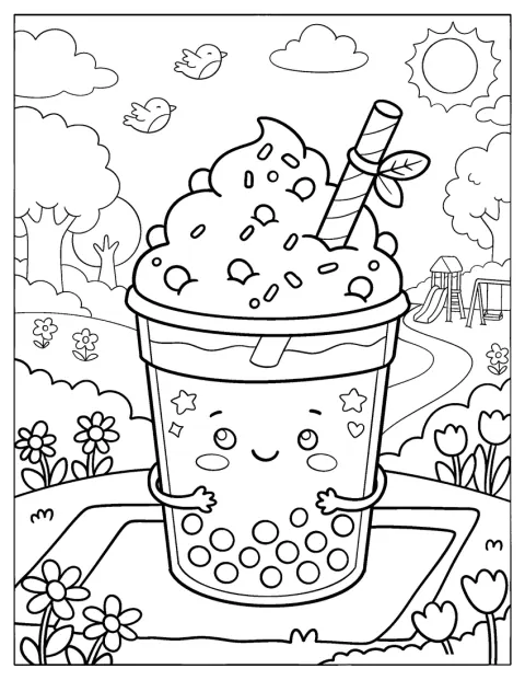 Un bicchiere di bubble tea è posato in un parco pieno di fiori.