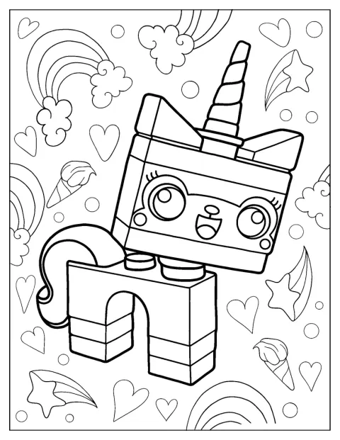 Unikitty, die LEGO-Einhornkatze, steht aufrecht da.